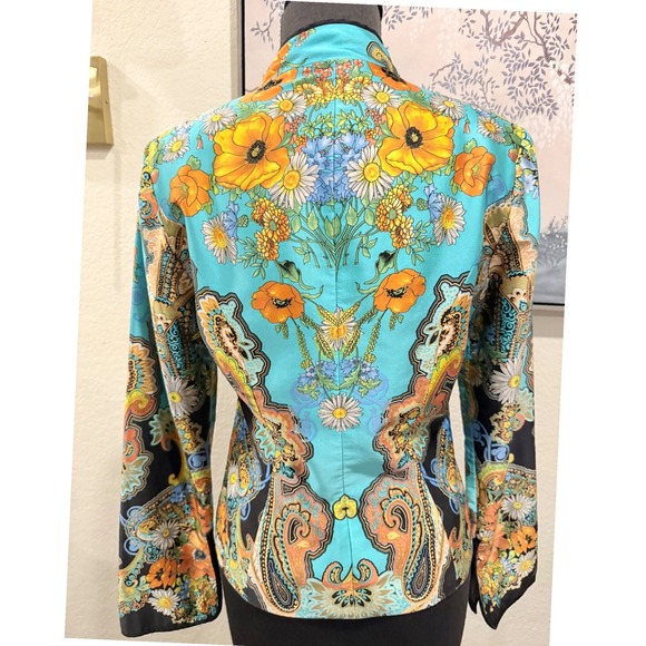 JS Collections Silk Floral Paisley Jacket Turquoise Orange Loop Button Size 6 - Picture 3 of 8